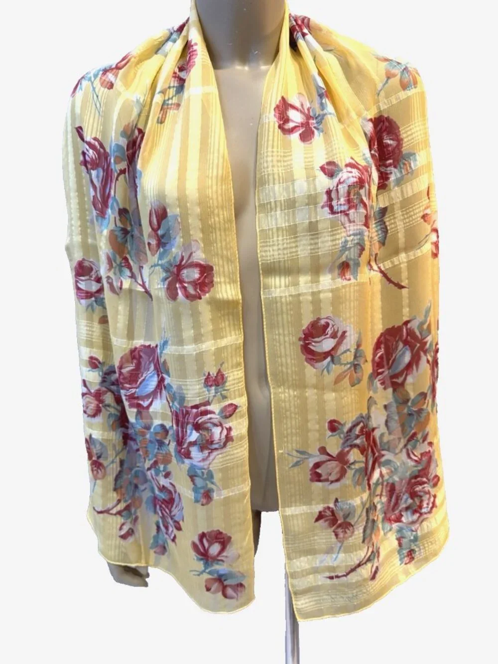 VTG Ralph Lauren Silk Chiffon Scarf Cabbage Roses, Stripes Cottagecore 15